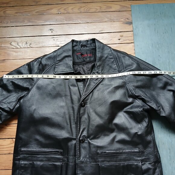 Vintage 90's Black Leather Warm Double Lined Car Coat Many Pockets & Details SzL - Picture 8 of 16